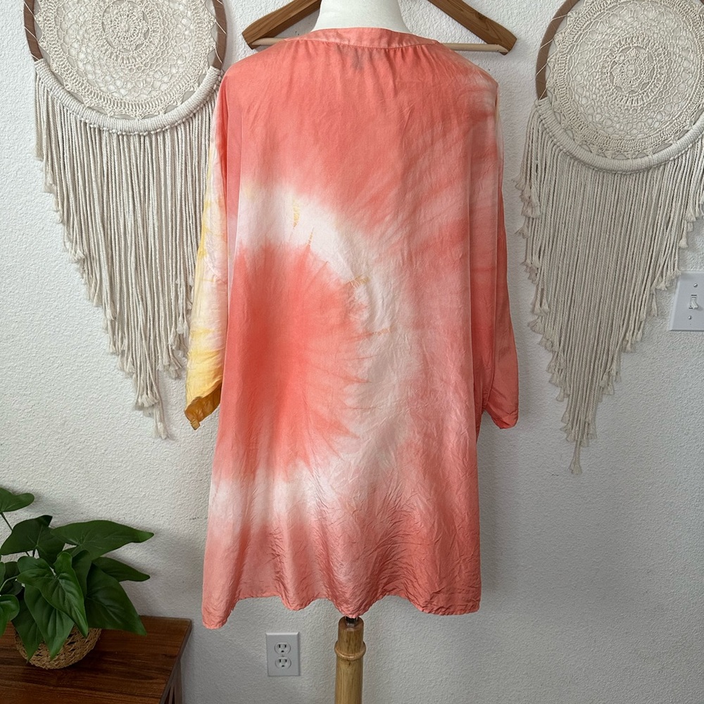 Lafayette 148 coral orange and yellow tie dye silk oversized tunic top M/L - Picture 5 of 7